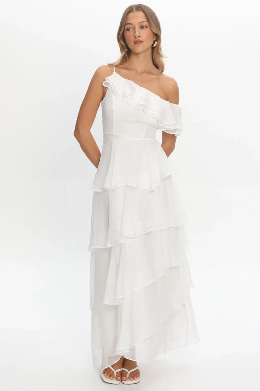 Elegant A-Line One-Shoulder Ruffled Tiered White Maxi Prom Dress for Women