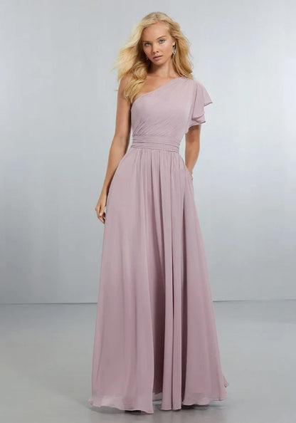 Elegant A-Line One-Shoulder Short-Sleeve Pleated Flowy Mauve Maxi Bridesmaid Dress Women