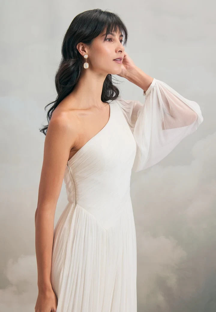 Elegant A-Line One-Shoulder Sleeved Pleated Slit Ivory Maxi Wedding Dresses Gown