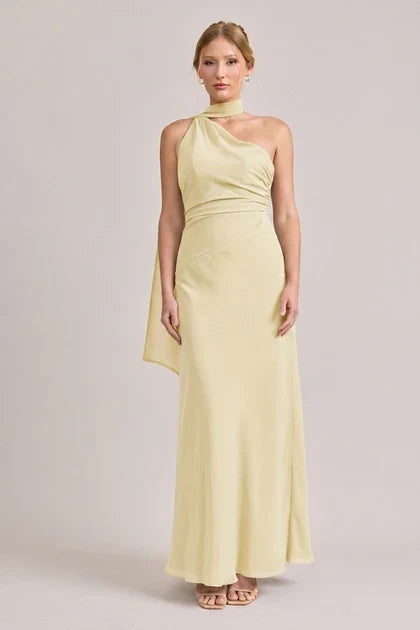 Elegant A-Line One-Shoulder Sleeveless Draped Flowy Pale Yellow Floor Bridesmaid Dress Women Gown