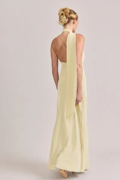 Elegant A-Line One-Shoulder Sleeveless Draped Flowy Pale Yellow Floor Bridesmaid Dress Women Gown