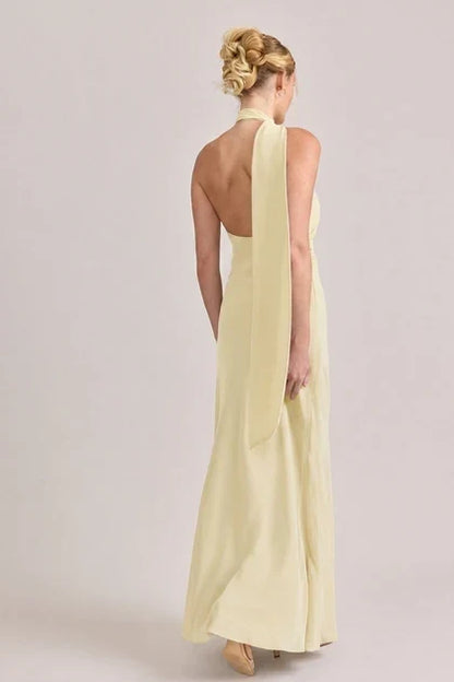 Elegant A-Line One-Shoulder Sleeveless Draped Flowy Pale Yellow Floor Bridesmaid Dress Women Gown