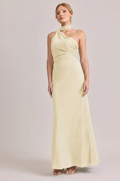 Elegant A-Line One-Shoulder Sleeveless Draped Flowy Pale Yellow Floor Bridesmaid Dress Women Gown