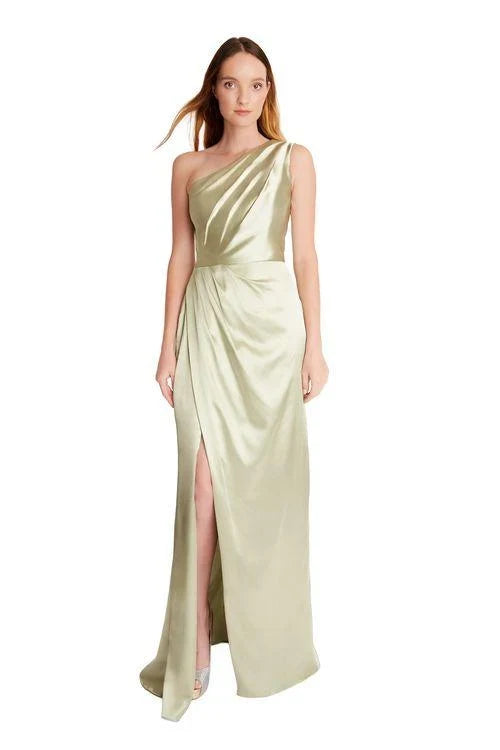 Elegant A-Line One-Shoulder Sleeveless Draped Slit Sage Green Bridesmaid Gown