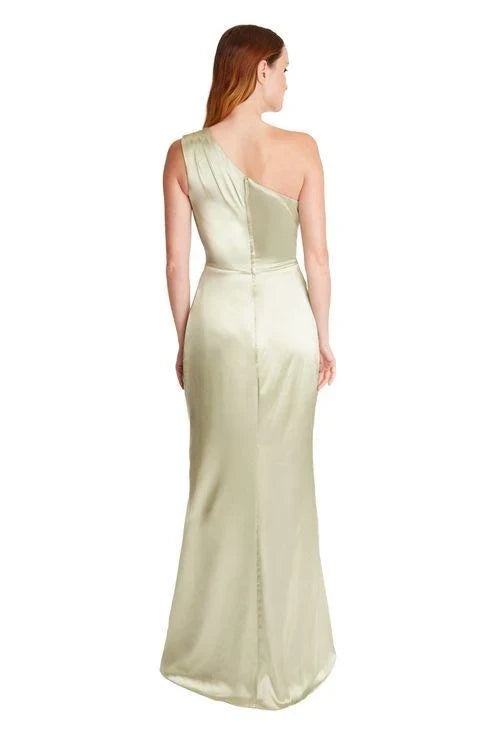 Elegant A-Line One-Shoulder Sleeveless Draped Slit Sage Green Bridesmaid Gown