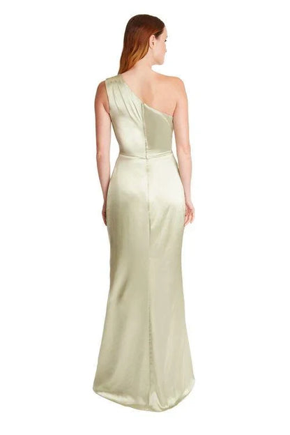 Elegant A-Line One-Shoulder Sleeveless Draped Slit Sage Green Bridesmaid Gown