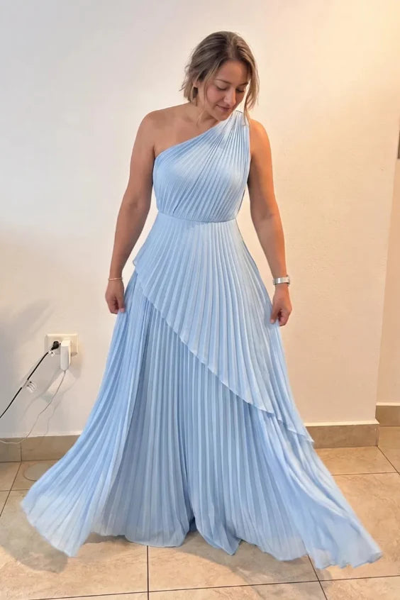 Elegant A-Line One-Shoulder Sleeveless Pleated Tiered Sky-Blue Long Prom Dresses Women