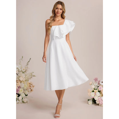 Elegant A-Line One-Shoulder Sleeveless Ruffled Chic White Midi Wedding Dresses Brides Gown