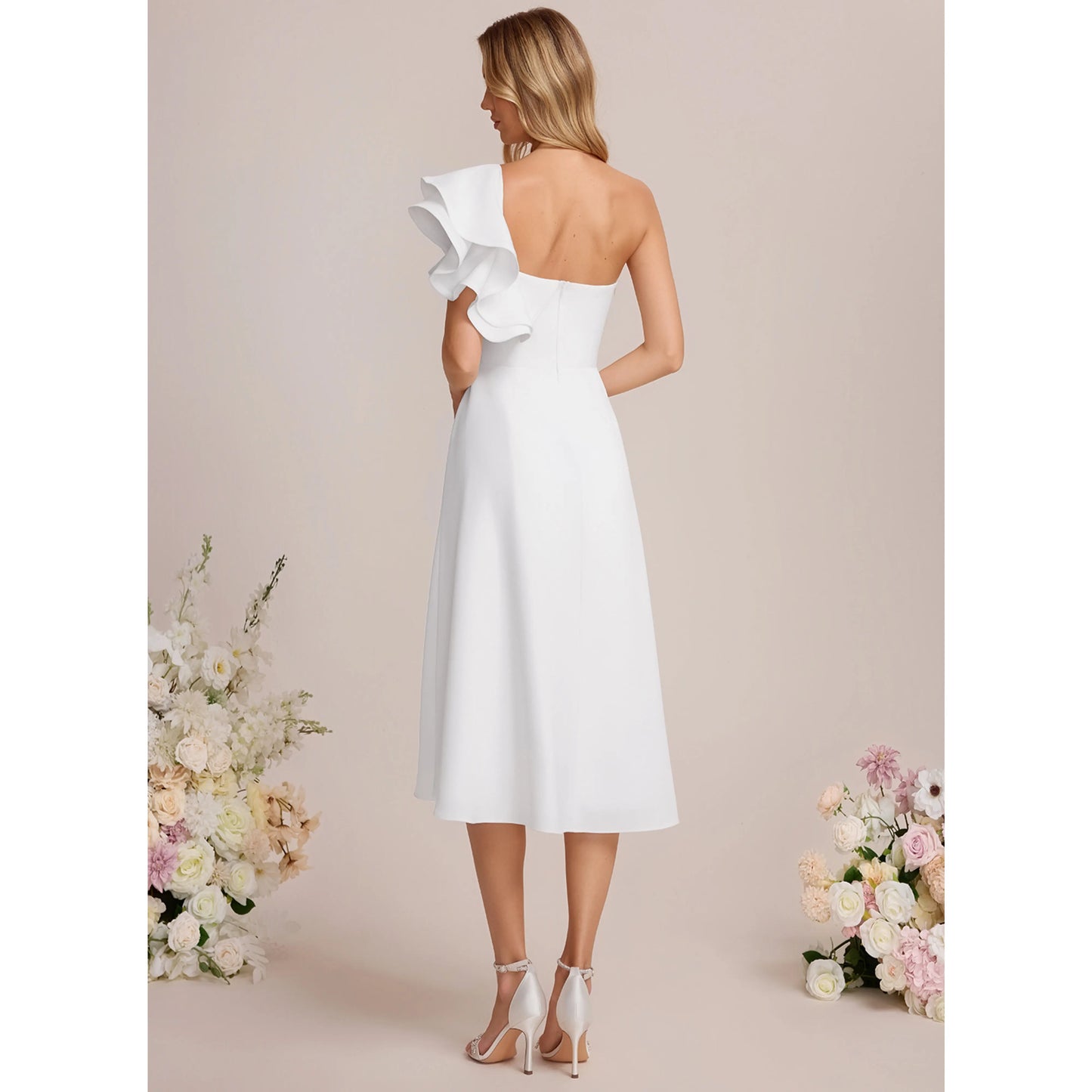 Elegant A-Line One-Shoulder Sleeveless Ruffled Chic White Midi Wedding Dresses Brides Gown