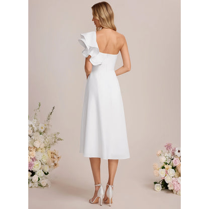 Elegant A-Line One-Shoulder Sleeveless Ruffled Chic White Midi Wedding Dresses Brides Gown
