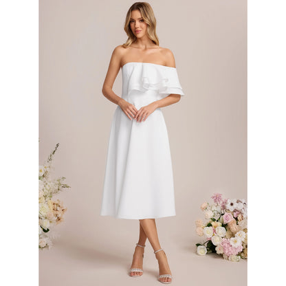 Elegant A-Line One-Shoulder Sleeveless Ruffled Chic White Midi Wedding Dresses Brides Gown