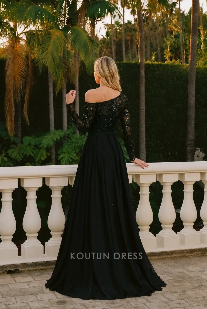 Elegant A-Line One Shoulder Long Sleeve Sequin Black Floor Length Prom Dresses