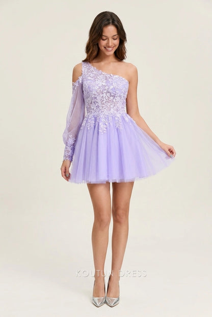 Elegant A-Line One Shoulder One Sleeve Embroidered Tulle Lavender Short Homecoming Dresses