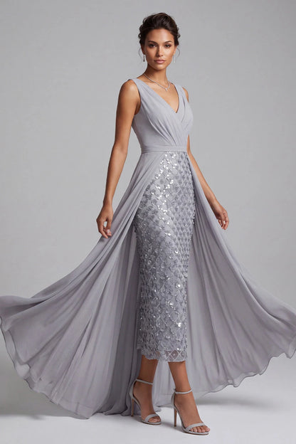 Elegant A-Line Overlay V-Neck Sleeveless Sequin Grey Prom Gown