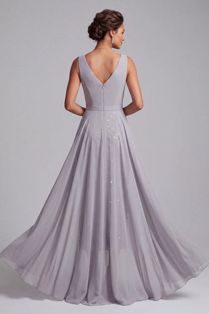 Elegant A-Line Overlay V-Neck Sleeveless Sequin Grey Prom Gown