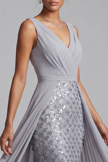 Elegant A-Line Overlay V-Neck Sleeveless Sequin Grey Prom Gown