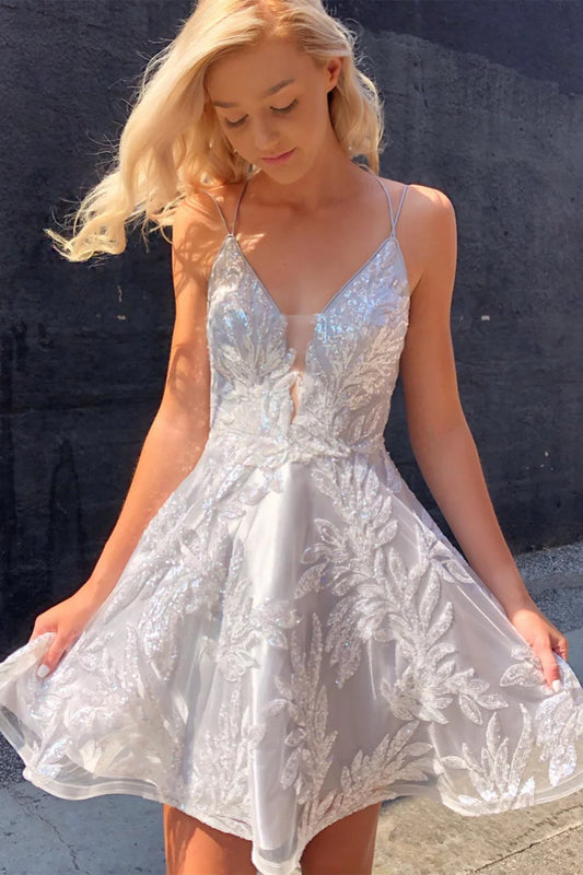 Elegant A-Line Plunge V-Neck Sequin Embellished Backless Silver Short Homecoming Dresses