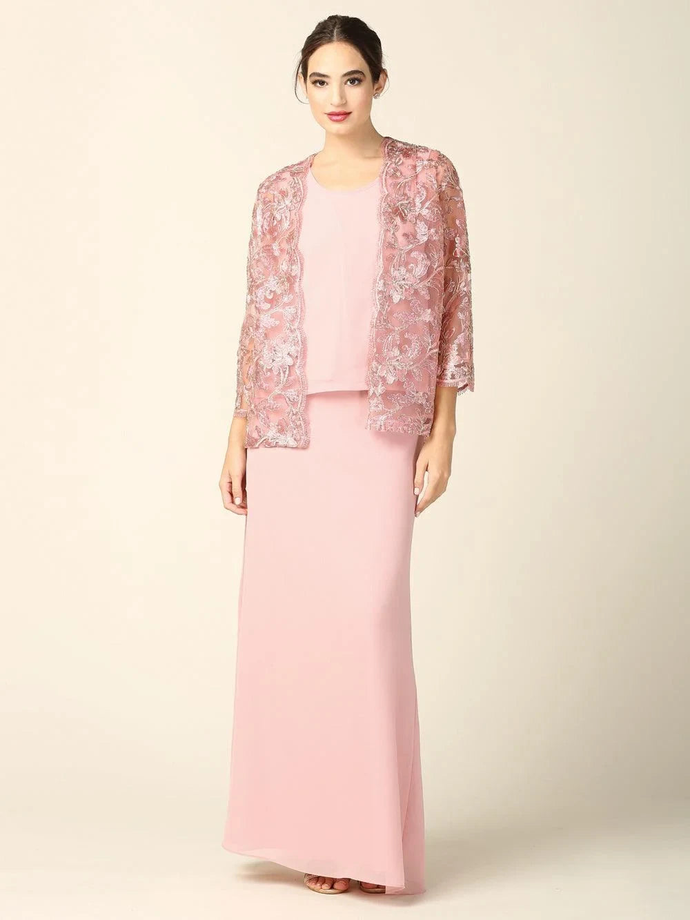 Elegant A-Line Round Neck 3/4 Sleeve Beaded Blush Pink Mother of the Bride Gown