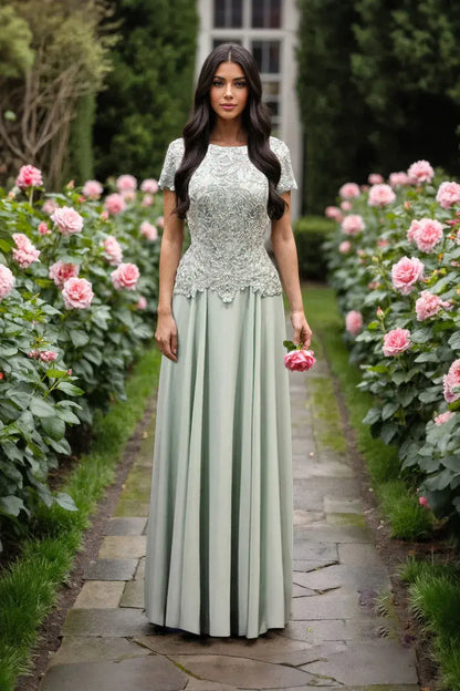 Elegant A-Line Round Neck Beaded Lace Mint Green Mother Of The Bride Gown