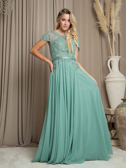 Elegant A-Line Round Neck Cap Sleeve Embellished Sage Green Mother of the Bride Gown