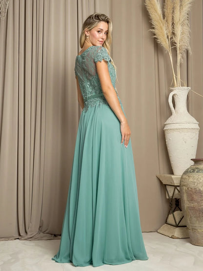 Elegant A-Line Round Neck Cap Sleeve Embellished Sage Green Mother of the Bride Gown