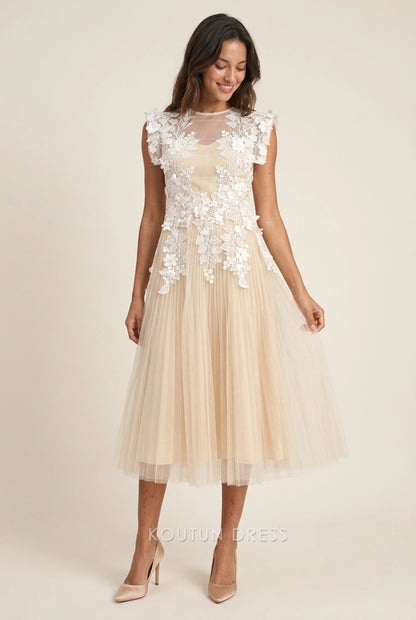 Elegant A-Line Round Neck Cap Sleeve Floral Pleated Champagne Midi Prom Dresses