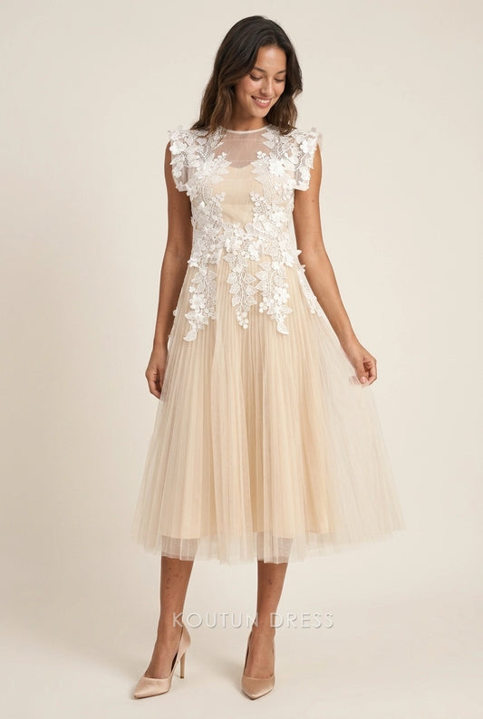Elegant A-Line Round Neck Cap Sleeve Floral Pleated Champagne Midi Prom Dresses