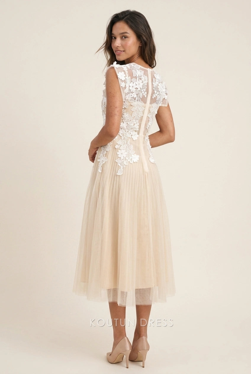 Elegant A-Line Round Neck Cap Sleeve Floral Pleated Champagne Midi Prom Dresses