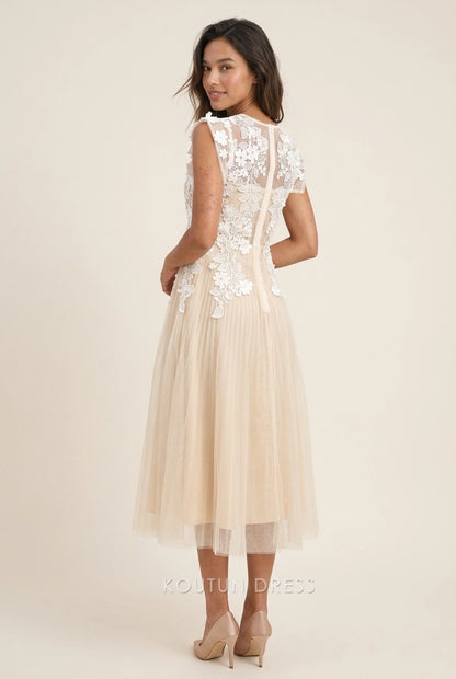 Elegant A-Line Round Neck Cap Sleeve Floral Pleated Champagne Midi Prom Dresses
