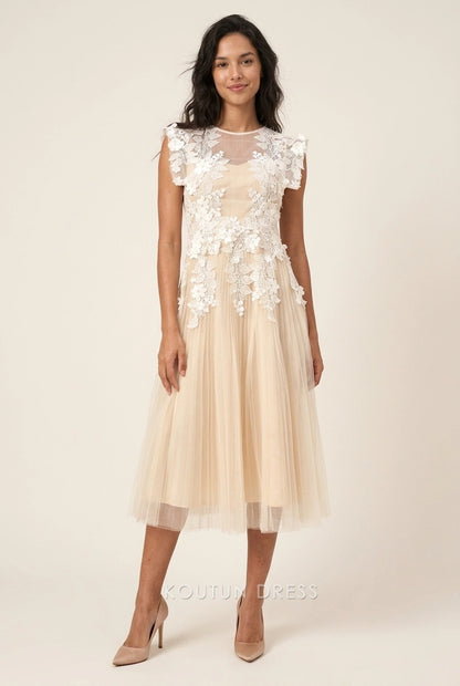 Elegant A-Line Round Neck Cap Sleeve Floral Pleated Champagne Midi Prom Dresses