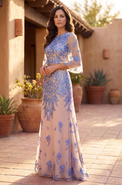 Elegant A-Line Round Neck Embroidered Blue Nude Floor-Length Mother of the Bride Gown