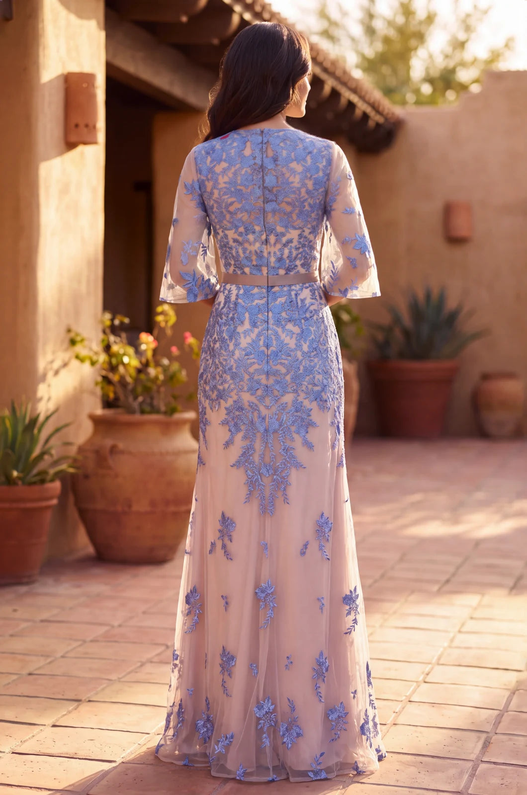 Elegant A-Line Round Neck Embroidered Blue Nude Floor-Length Mother of the Bride Gown