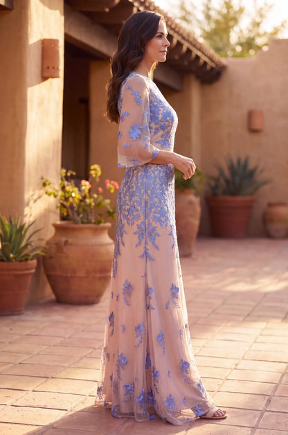 Elegant A-Line Round Neck Embroidered Blue Nude Floor-Length Mother of the Bride Gown