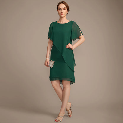 Elegant A-Line Round Neck Flutter Sleeve Beaded Emerald Knee Mother of the Bride Dress