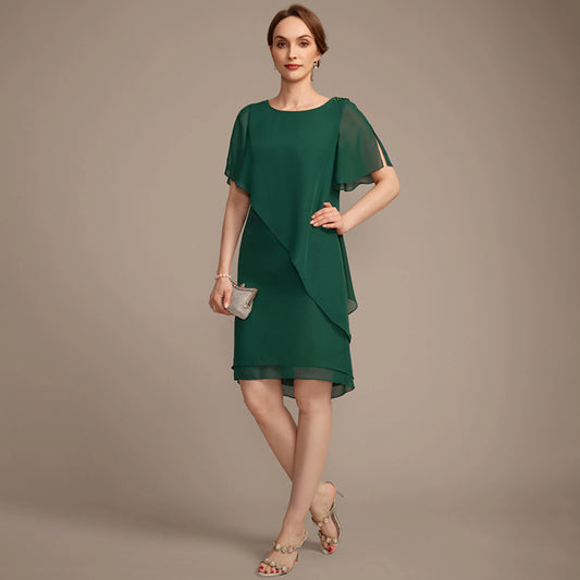 Elegant A-Line Round Neck Flutter Sleeve Beaded Emerald Knee Mother of the Bride Dress