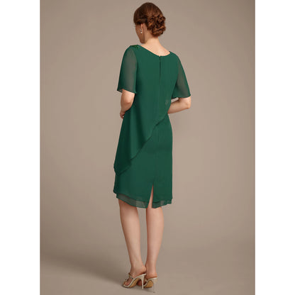 Elegant A-Line Round Neck Flutter Sleeve Beaded Emerald Knee Mother of the Bride Dress
