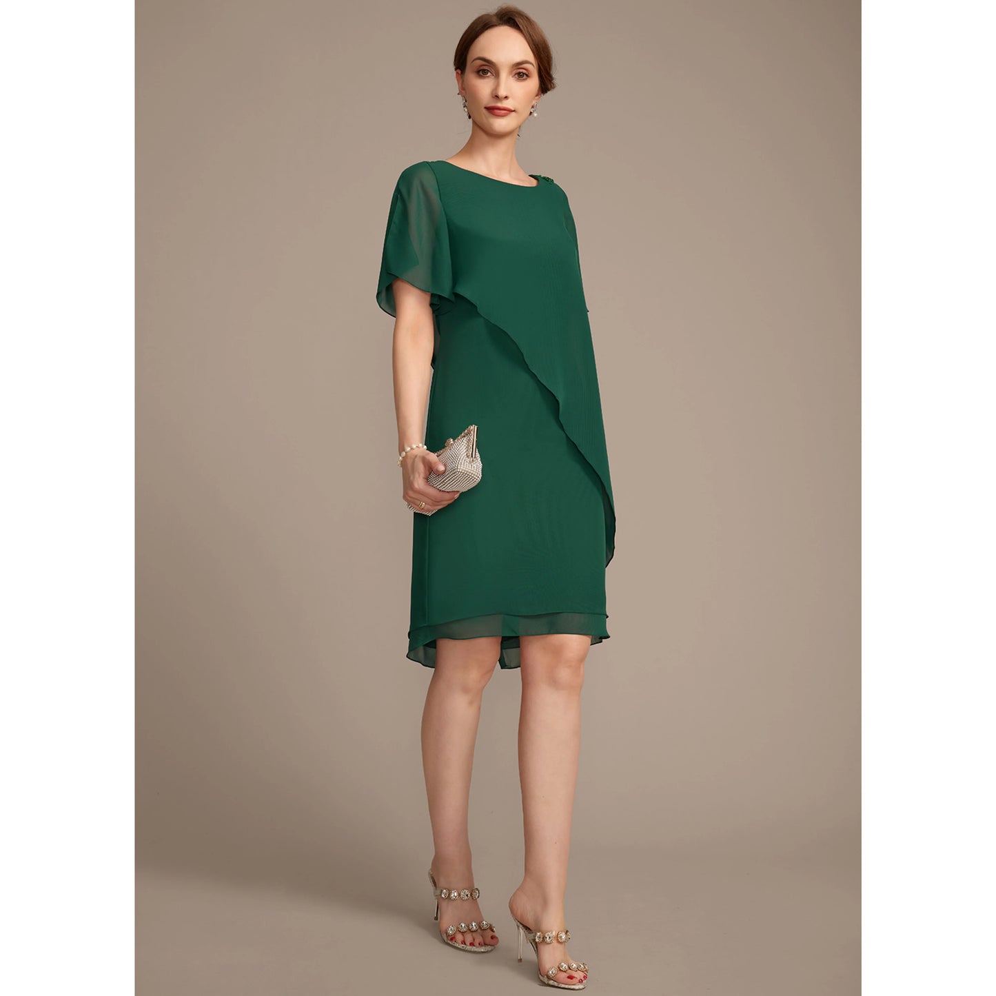 Elegant A-Line Round Neck Flutter Sleeve Beaded Emerald Knee Mother of the Bride Dress