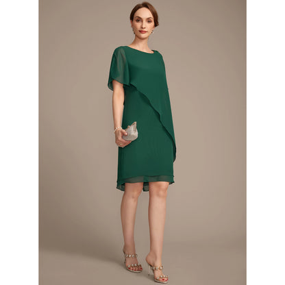 Elegant A-Line Round Neck Flutter Sleeve Beaded Emerald Knee Mother of the Bride Dress