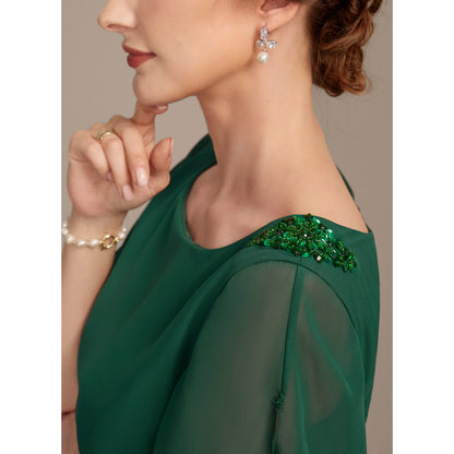 Elegant A-Line Round Neck Flutter Sleeve Beaded Emerald Knee Mother of the Bride Dress