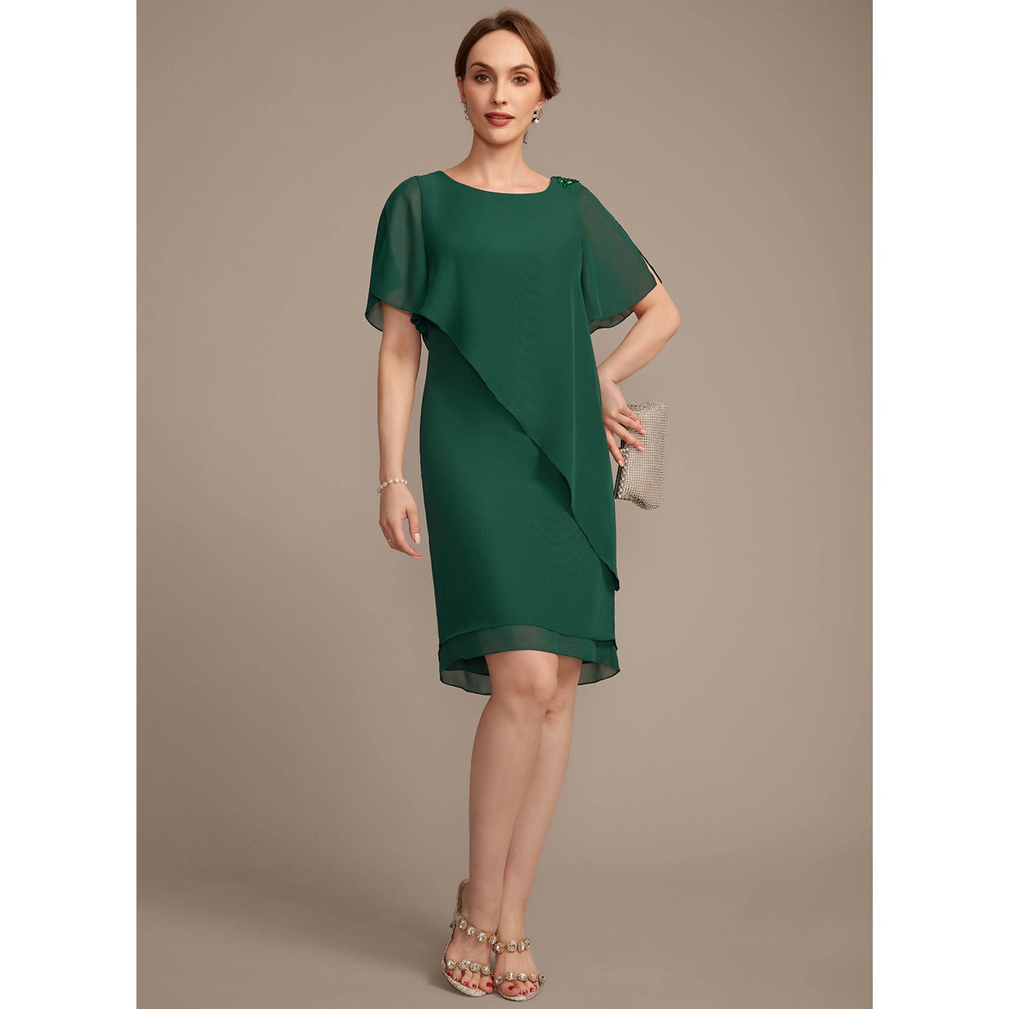 Elegant A-Line Round Neck Flutter Sleeve Beaded Emerald Knee Mother of the Bride Dress