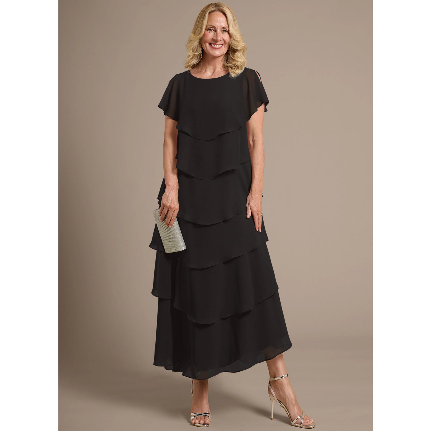Elegant A-Line Round Neck Flutter Sleeve Tiered Black Midi Mother of the Bride Dress
