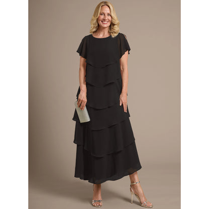 Elegant A-Line Round Neck Flutter Sleeve Tiered Black Midi Mother of the Bride Dress