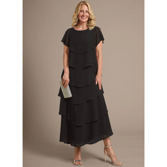 Elegant A-Line Round Neck Flutter Sleeve Tiered Black Midi Mother of the Bride Dress