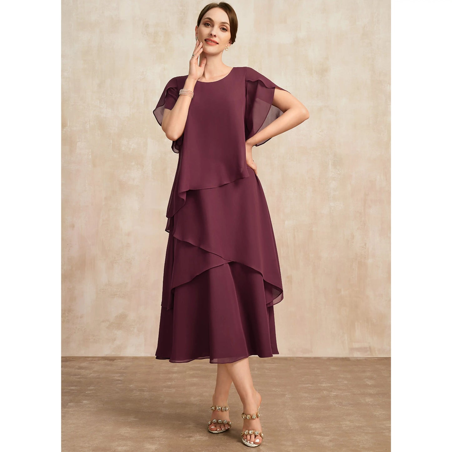 Elegant A-Line Round Neck Flutter Sleeve Tiered Midi Plum Mother of the Bride Dress