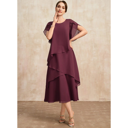 Elegant A-Line Round Neck Flutter Sleeve Tiered Midi Plum Mother of the Bride Dress