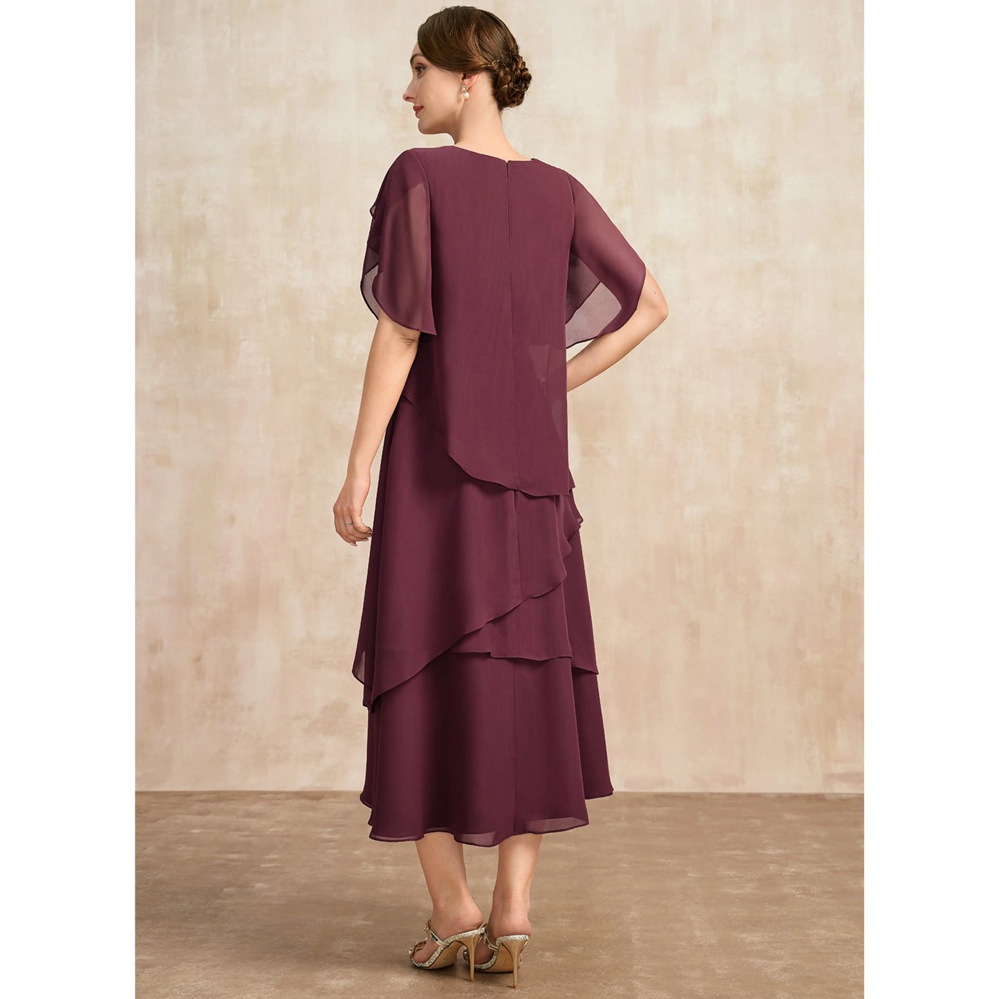 Elegant A-Line Round Neck Flutter Sleeve Tiered Midi Plum Mother of the Bride Dress