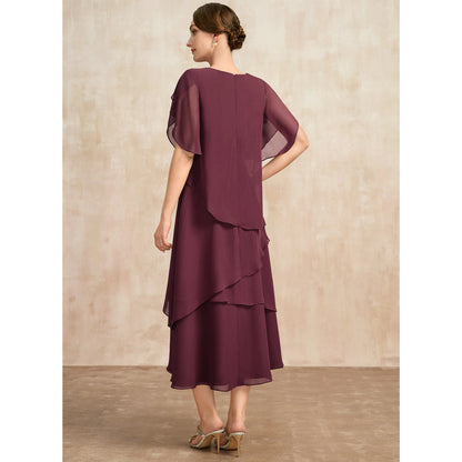 Elegant A-Line Round Neck Flutter Sleeve Tiered Midi Plum Mother of the Bride Dress