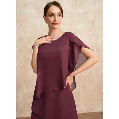 Elegant A-Line Round Neck Flutter Sleeve Tiered Midi Plum Mother of the Bride Dress