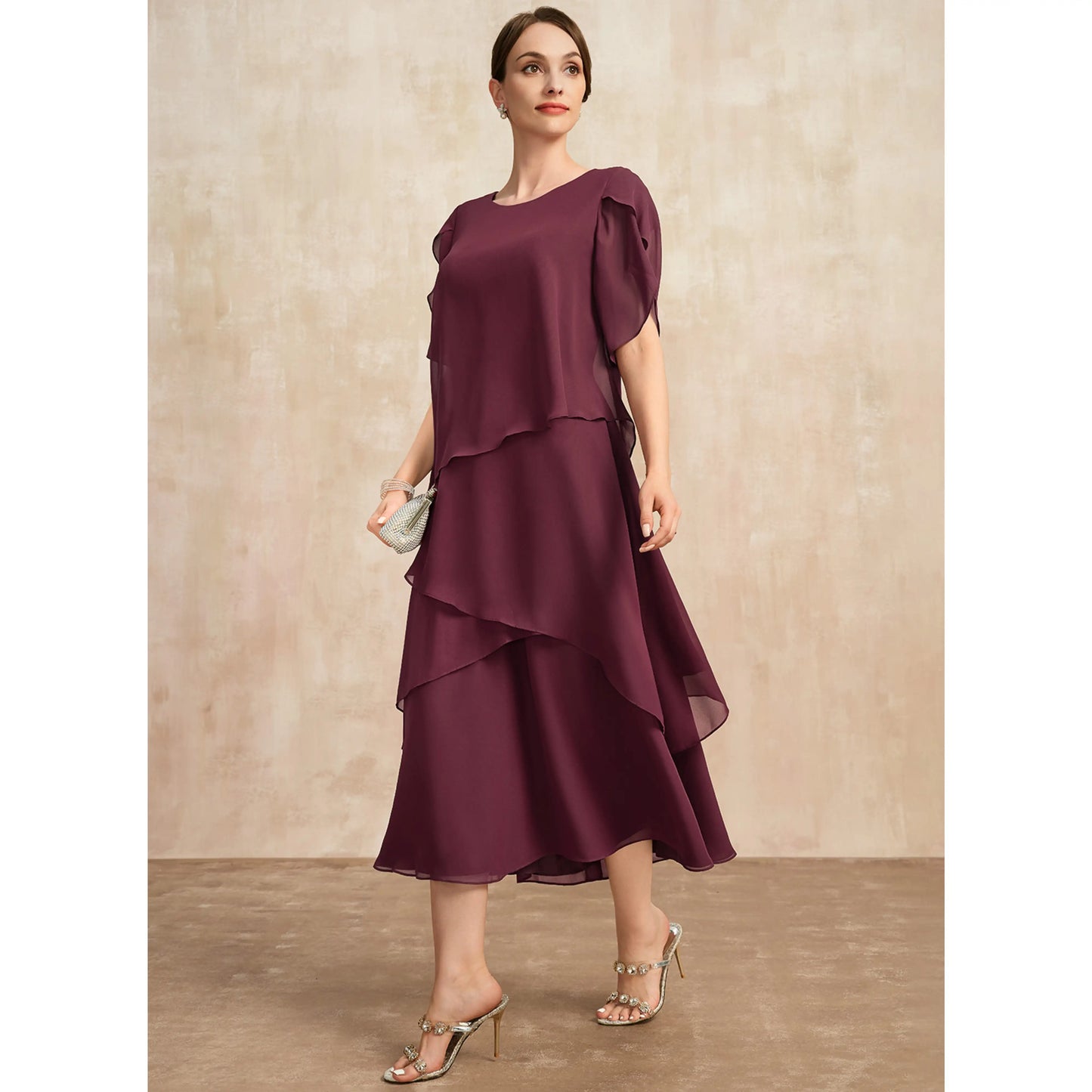 Elegant A-Line Round Neck Flutter Sleeve Tiered Midi Plum Mother of the Bride Dress
