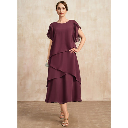 Elegant A-Line Round Neck Flutter Sleeve Tiered Midi Plum Mother of the Bride Dress